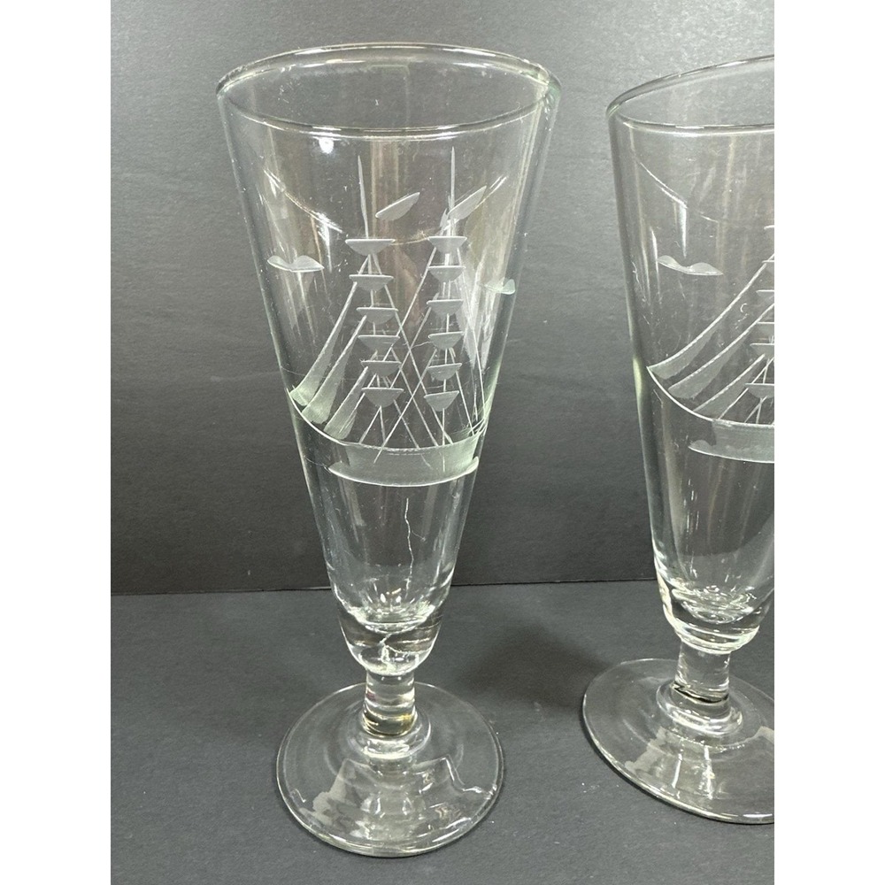 Javit Sailboat Pilsner Beer Glasses Etched‎ Nautical Clipper Schooner Ship 80's - Picture 2 of 9